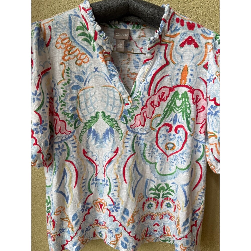 Chico's Top Size 2 (US 12 L) Multicolor Abstract V-Neck Short Sleeve Blouse